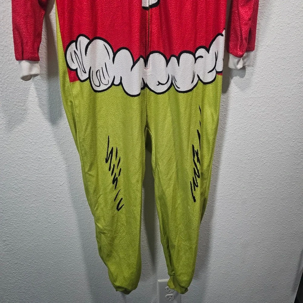 Dr Seuss The Grinch Kids Hooded Union Suit Red Green Fleece Pajamas L 10/12